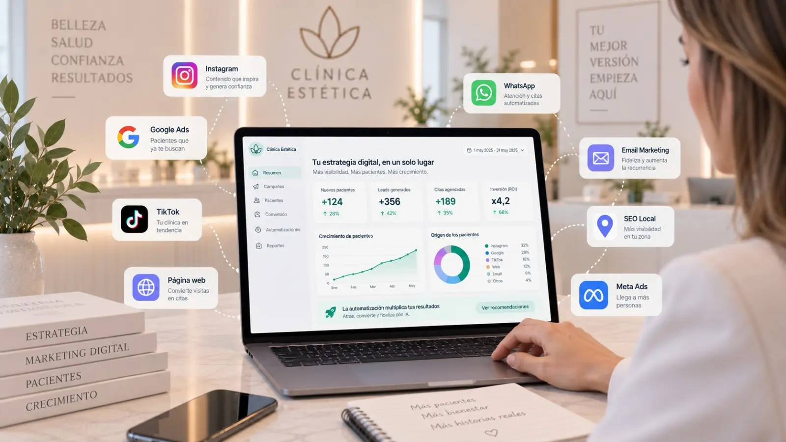 Estrategia de marketing digital integrada para clínica estética mostrando todos los canales coordinados