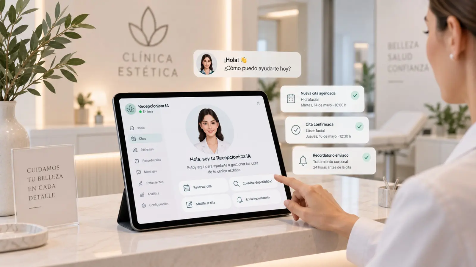 Recepcionista virtual con IA gestionando citas en tablet en clínica estética moderna