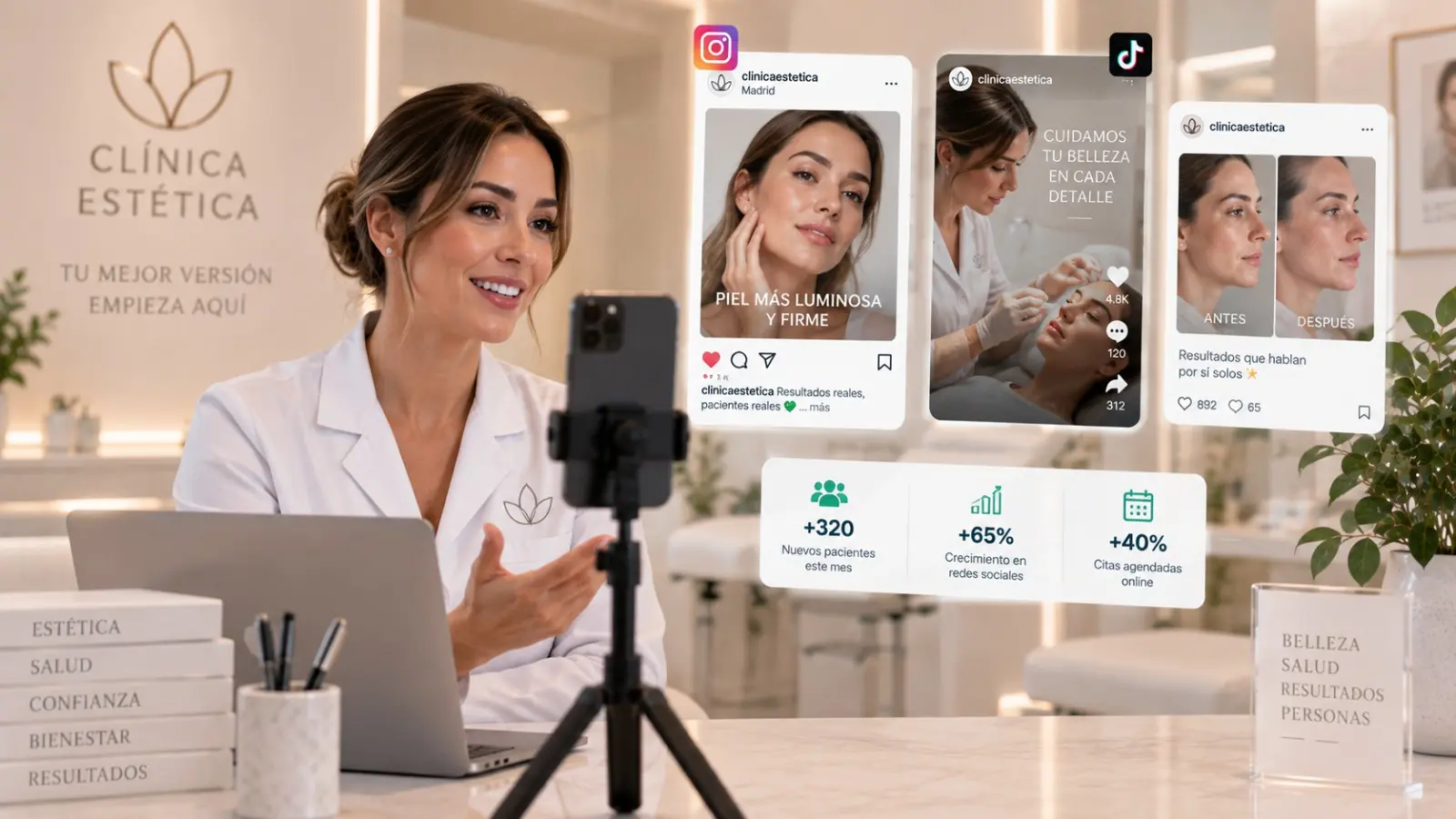 Clínica estética con presencia activa en redes sociales mostrando resultados reales de tratamientos